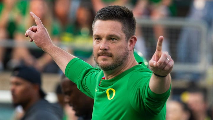 Oregon coach Dan Lanning oversees warmups before the game against Boise State at Autzen in Eugene Sept. 7, 2024