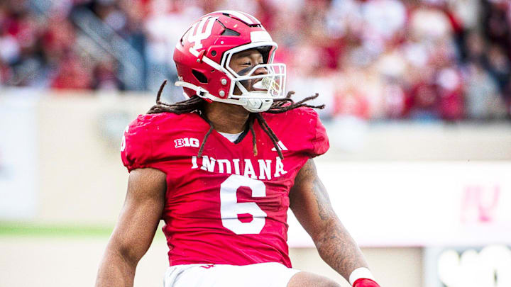Indiana's Mikail Kamara celebrates during the Indiana vs. Michigan football game at Memorial Stadium on Friday, Nov. 9, 2024.
