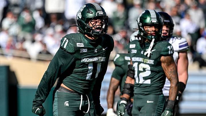 Michigan State’s Anelu Lafaele celebrates after a stop against Northwestern during the fourth quarter on Saturday, Oct. 17, 2026, at Spartan Stadium in East Lansing.