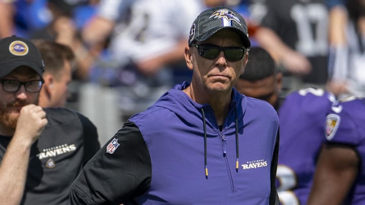 Sep 15, 2024; Baltimore, Maryland, USA; Baltimore Ravens coordinator Todd Monken on the field before the game against the Las Vegas Raiders at M&T Bank Stadium. Mandatory Credit: Tommy Gilligan-Imagn Images Sep 15, 2024; Baltimore, Maryland, USA; Baltimore Ravens coordinator Todd Monken on the field before the game against the Las Vegas Raiders at M&T Bank Stadium. Mandatory Credit: Tommy Gilligan-Imagn Images
