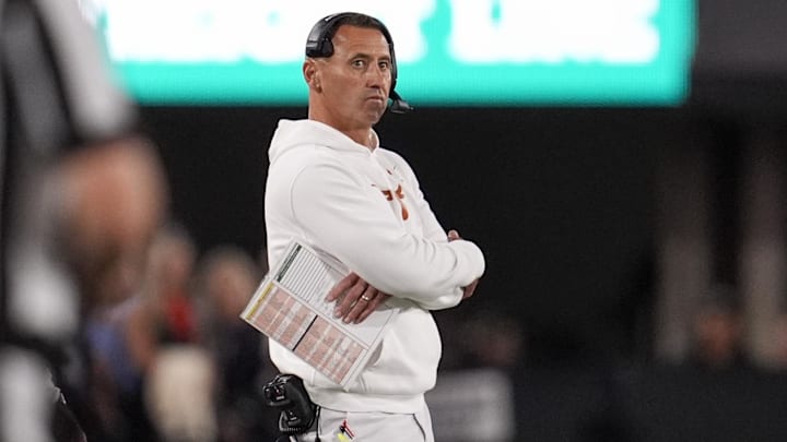 Texas Longhorns head coach Steve Sarkisian looks on in the first half against the Georgia Bulldogs  at Sanford Stadium.