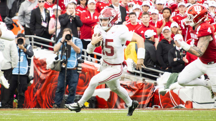 Alabama quarterback Ty Simpson runs for a first down in the first half of the Rose Bowl on Jan. 1, 2026.