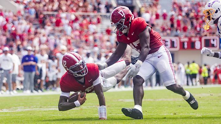 Alabama Quarterback Keelon Russell dives after a play in the second half of the game against ECU on Sept 5, 2026. Alabama Quarterback Keelon Russell dives after a play in the second half of the game against ECU on Sept 5, 2026.