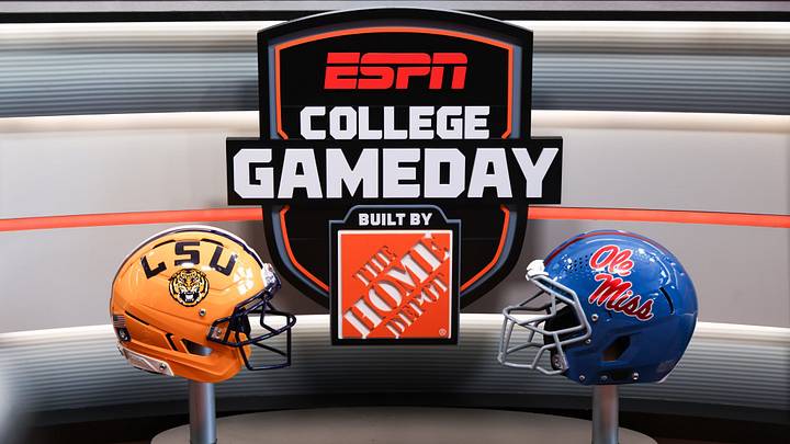 LSU and Ole Miss helmets on the College GameDay set in Oxford, Mississippi (Sept. 19, 2026). LSU and Ole Miss helmets on the College GameDay set in Oxford, Mississippi (Sept. 19, 2026).