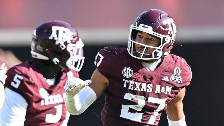 Dec 20, 2025; College Station, TX, USA; Texas A&M Aggies linebacker Daymion Sanford (27) reacts after recovering  a fumble against the Miami Hurricanes during the second half of the first round game of the CFP National Playoff at Kyle Field. Mandatory Credit: Maria Lysaker-Imagn Images