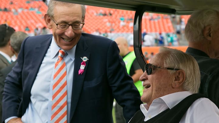 Miami Dolphins owner Stephen Ross shares a laugh with former Dolphins coach Don Shula at Sun Life Stadium in Miami Gardens, Florida on October 20, 2013. Miami Dolphins owner Stephen Ross shares a laugh with former Dolphins coach Don Shula at Sun Life Stadium in Miami Gardens, Florida on October 20, 2013.