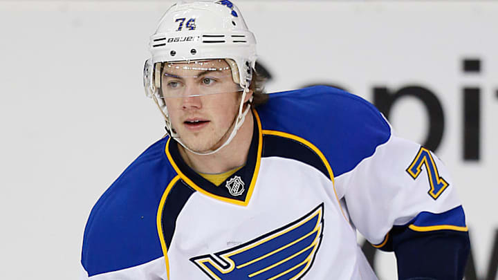 Jan 7, 2014; Edmonton, Alberta, CAN; St. Louis Blues forward TJ Oshie (74) skates against the Edmonton Oilers at Rexall Place. Mandatory Credit: Perry Nelson-Imagn Images