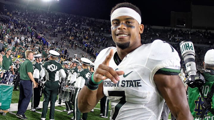 Sep 17, 2016; South Bend, IN, USA; Michigan State Spartans defensive back Demetrious Cox (7) walks off the field after a game against the Notre Dame Fighting Irish at Notre Dame Stadium. Mandatory Credit: Mike Carter-Imagn Images