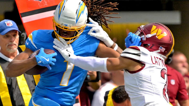 Oct 5, 2025; Inglewood, California, USA; Los Angeles Chargers wide receiver Quentin Johnston (1) is forced out of bounds by Washington Commanders cornerback Marshon Lattimore (2) after a complete pass at SoFi Stadium. Mandatory Credit: Jayne Kamin-Oncea-Imagn Images Oct 5, 2025; Inglewood, California, USA; Los Angeles Chargers wide receiver Quentin Johnston (1) is forced out of bounds by Washington Commanders cornerback Marshon Lattimore (2) after a complete pass at SoFi Stadium. Mandatory Credit: Jayne Kamin-Oncea-Imagn Images