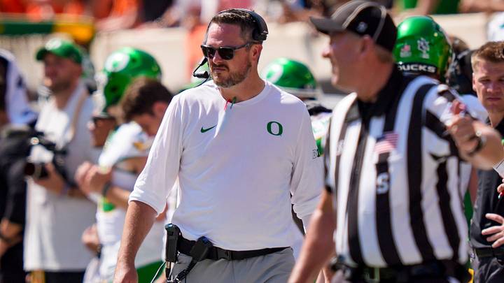 Oregon head coach Dan Lanning looks on as the Oregon Ducks face the Oklahoma State Cowboys on Sept. 12, 2026, at Boone Pickens Stadium in Stillwater, Oklahoma.