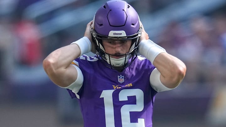 Minnesota Vikings quarterback Max Brosmer (12) enters the game in the fourth quarter of the NFL Week 3 game between the Minnesota Vikings and the Cincinnati Bengals at U.S. Bank Stadium in Minneapolis on Sunday, Sept. 21, 2025. The Vikings won, 48-10.