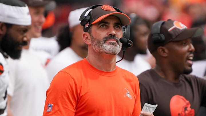 Aug 26, 2023; Kansas City, Missouri, USA; Cleveland Browns head coach Kevin Stefanski looks on