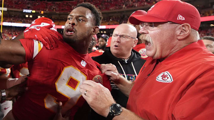 Oct 12, 2025; Kansas City, Missouri, USA; Detroit Lions safety Brian Branch (not pictured) and Kansas City Chiefs wide receiver Juju Smith-Schuster (9) get into a fight after the game at GEHA Field at Arrowhead Stadium.