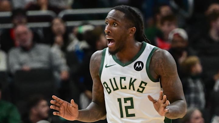 Milwaukee Bucks guard Taurean Prince reacts after a foul call in the third quarter against the Chicago Bulls at Fiserv Forum on October 14, 2024.