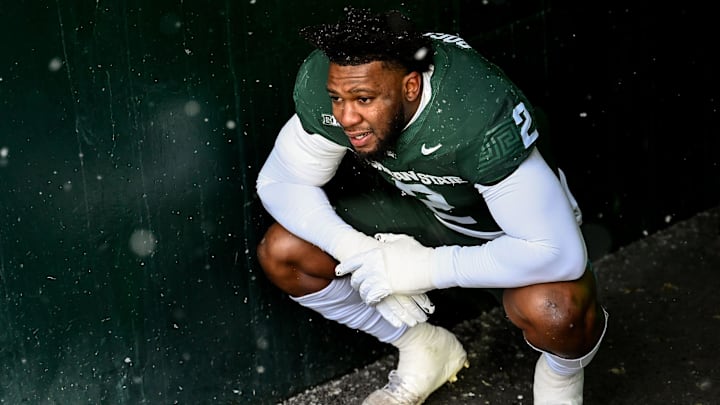 Michigan State's Khris Bogle takes a moment senior day recognition before the football game against Rutgers on Saturday, Nov. 30, 2024, at Spartan Stadium in East Lansing.
