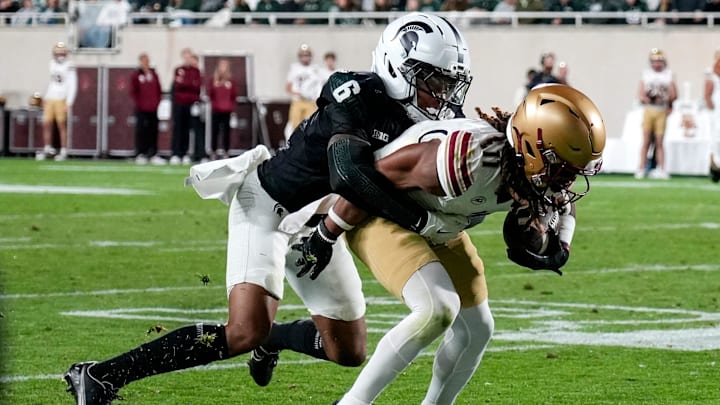 Michigan State's Ade Willie, left, tackles Boston College's Lewis Bond during the second quarter on Saturday, Sept. 6, 2025, at Spartan Stadium in East Lansing. Michigan State's Ade Willie, left, tackles Boston College's Lewis Bond during the second quarter on Saturday, Sept. 6, 2025, at Spartan Stadium in East Lansing.