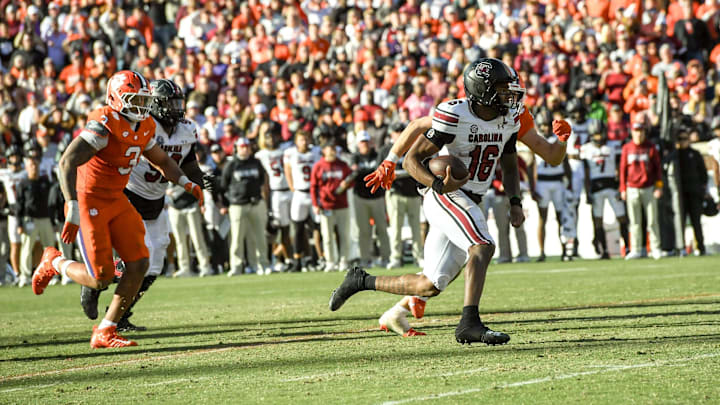 Nov 30, 2024; Clemson, South Carolina, USA; South Carolina quarterback LaNorris Sellers (16) scores the winning touchdown against Clemson during the fourth quarter at Memorial Stadium. Mandatory Credit: Ken Ruinard-Imagn Images