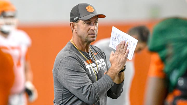 Clemson head coach Dabo Swinney during Spring football practice at the Poe Indoor Practice Facility