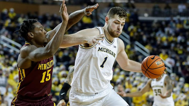 Michigan center Hunter Dickinson (1) dribbles against  Minnesota forward Charlie Daniels (15)