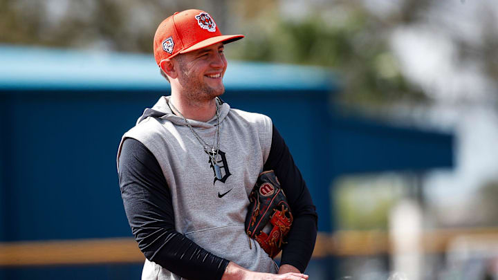 Detroit Tigers infielder Jace Jung practices during spring training at TigerTown in Lakeland, Fla.