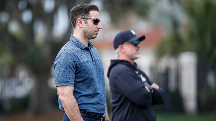 Detroit Tigers vice president and assistant general manager Sam Menzin watches practice during Spring Training at Tigertown in Lakeland, Fla. on Thursday, Feb. 15, 2024.