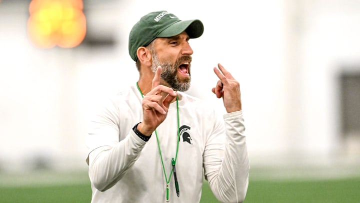 Michigan State's defensive coordinator Joe Rossi gives instructions while working with linebackers during camp on Monday, Aug. 5, 2024, at the indoor practice facility in East Lansing.