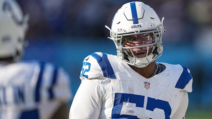 Indianapolis Colts defensive end Samson Ebukam (52) walks the sidelines Sunday, Dec. 3, 2023, during a game against the Tennessee Titans at Nissan Stadium in Nashville, Tenn.
