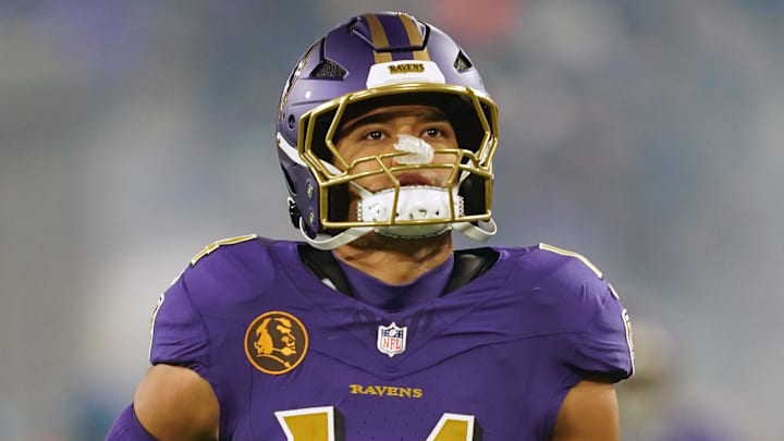 Nov 27, 2025; Baltimore, Maryland, USA; Baltimore Ravens safety Kyle Hamilton (14) during the first half at M&T Bank Stadium. Mandatory Credit: Mitch Stringer-Imagn Images