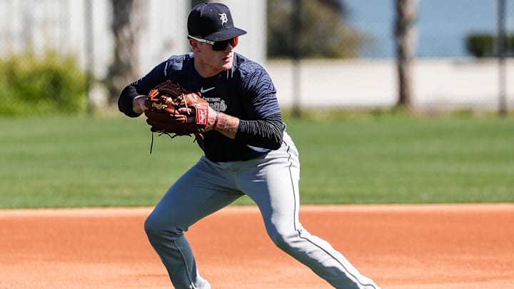 Tigers prospect Kevin McGonigle during spring training at TigerTown in Lakeland, Florida, on Thursday, Feb. 22, 2024.