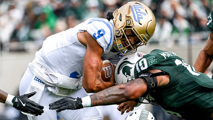 Michigan State's Wayne Matthews III, right, tackles UCLA's Nico Iamaleava during the second quarter on Saturday, Oct. 11, 2025, at Spartan Stadium in East Lansing. Michigan State's Wayne Matthews III, right, tackles UCLA's Nico Iamaleava during the second quarter on Saturday, Oct. 11, 2025, at Spartan Stadium in East Lansing.