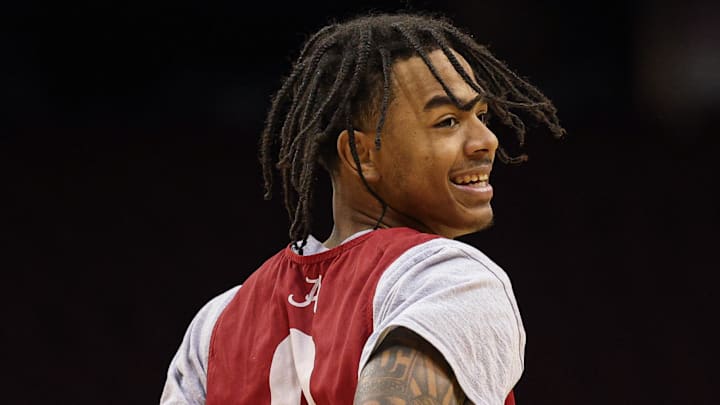 Mar 26, 2025; Newark, NJ, USA; Alabama Crimson Tide guard Labaron Philon (0) warms up during a practice session in preparation for an East Regional semifinal game against the Brigham Young Cougars at Prudential Center. Mandatory Credit: Vincent Carchietta-Imagn Images