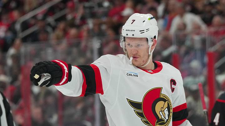 Apr 18, 2026; Raleigh, North Carolina, USA; Ottawa Senators left wing Brady Tkachuk (7) reacts against the Carolina Hurricanes during the second period in game one of the first round of the 2026 Stanley Cup Playoffs at Lenovo Center. Mandatory Credit: James Guillory-Imagn Images