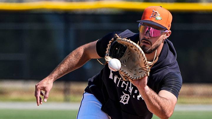 Detroit Tigers first baseman Josue Briceño practices during spring training at TigerTown in Lakeland, Florida, on Friday, Feb. 13, 2026. Detroit Tigers first baseman Josue Briceño practices during spring training at TigerTown in Lakeland, Florida, on Friday, Feb. 13, 2026.
