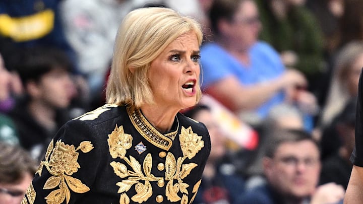 Mar 28, 2025; Spokane, WA, USA; LSU Lady Tigers head coach Kim Mulkey looks on during the first half of a Sweet 16 NCAA Tournament basketball game against the NC State Wolfpack at Spokane Arena. Mandatory Credit: James Snook-Imagn Images