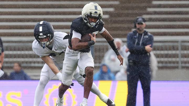 Penn State Nittany Lions running back Quinton Martin Jr. (25) runs with the ball during practice at Beaver Stadium. Penn State Nittany Lions running back Quinton Martin Jr. (25) runs with the ball during practice at Beaver Stadium.