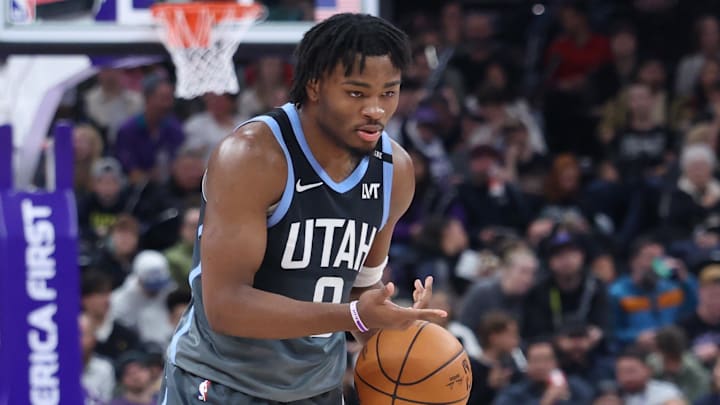 Feb 12, 2026; Salt Lake City, Utah, USA; Utah Jazz guard Isaiah Collier (8) dribbles against the Portland Trail Blazers during the second half at Delta Center. Mandatory Credit: Rob Gray-Imagn Images Feb 12, 2026; Salt Lake City, Utah, USA; Utah Jazz guard Isaiah Collier (8) dribbles against the Portland Trail Blazers during the second half at Delta Center. Mandatory Credit: Rob Gray-Imagn Images