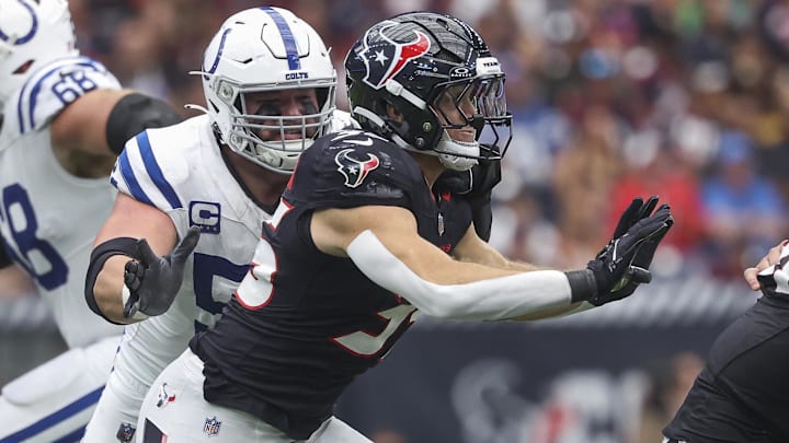 Oct 27, 2024; Houston, Texas, USA; Houston Texans linebacker Jake Hansen (35) attempts to get past Indianapolis Colts guard Quenton Nelson (56) during the game at NRG Stadium. Mandatory Credit: Troy Taormina-Imagn Images
