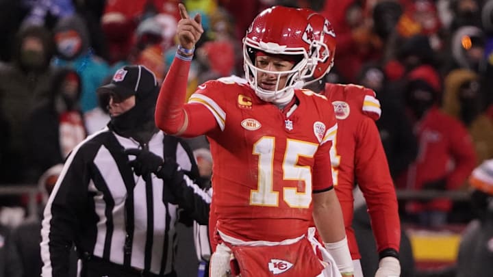 Jan 13, 2024; Kansas City, Missouri, USA; Kansas City Chiefs quarterback Patrick Mahomes (15) reacts