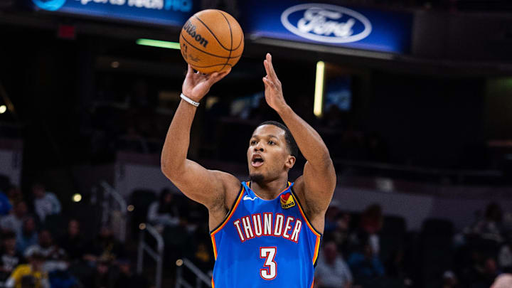 Oct 11, 2025; Indianapolis, Indiana, USA; Oklahoma City Thunder guard Chris Youngblood (3) shoots the ball in the second half against the Indiana Pacers at Gainbridge Fieldhouse. Oct 11, 2025; Indianapolis, Indiana, USA; Oklahoma City Thunder guard Chris Youngblood (3) shoots the ball in the second half against the Indiana Pacers at Gainbridge Fieldhouse.