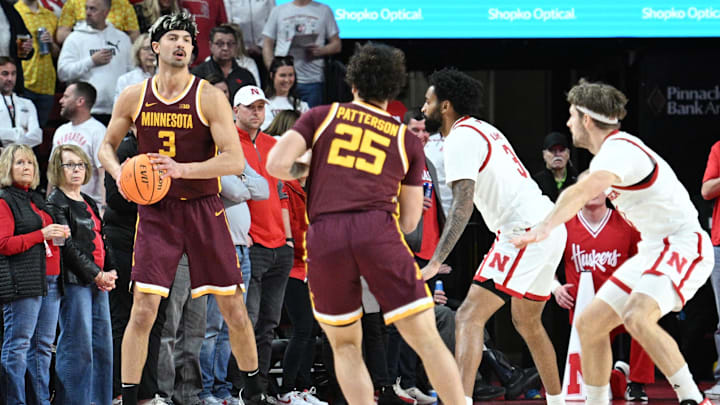 Mar 1, 2025; Lincoln, Nebraska, USA;  Minnesota Golden Gophers forward Dawson Garcia (3) looks to pass against the Nebraska Cornhuskers during the first half at Pinnacle Bank Arena. Mandatory Credit: Steven Branscombe-Imagn Images