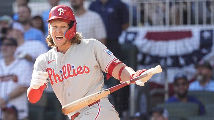 Sep 29, 2026; Cumberland, Georgia, USA; Philadelphia Phillies third baseman Alec Bohm (28) reacts afte an out in the eighth inning during game one of the Wildcard round for the 2026 MLB Playoffs at Truist Park. Mandatory Credit: Dale Zanine-Imagn Images Sep 29, 2026; Cumberland, Georgia, USA; Philadelphia Phillies third baseman Alec Bohm (28) reacts afte an out in the eighth inning during game one of the Wildcard round for the 2026 MLB Playoffs at Truist Park. Mandatory Credit: Dale Zanine-Imagn Images