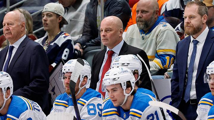 Dec 31, 2025; Denver, Colorado, USA; St. Louis Blues head coach Jim Montgomery in the first period against the Colorado Avalanche at Ball Arena. Mandatory Credit: Isaiah J. Downing-Imagn Images