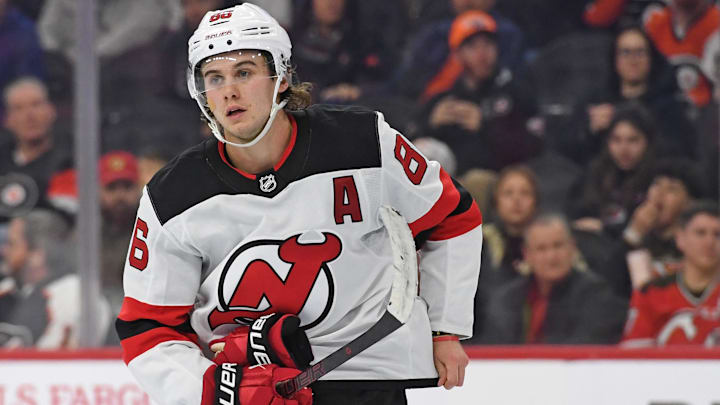 Jan 27, 2025; Philadelphia, Pennsylvania, USA; New Jersey Devils center Jack Hughes (86) against the Philadelphia Flyers at Wells Fargo Center. Mandatory Credit: Eric Hartline-Imagn Images