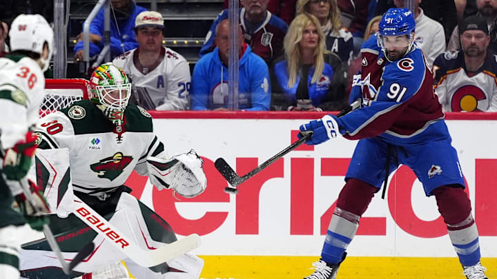 May 3, 2026; Denver, Colorado, USA; Minnesota Wild goaltender Jesper Wallstedt (30) during the first period in game one of the second round of the 2026 Stanley Cup Playoffs at Ball Arena. Mandatory Credit: Ron Chenoy-Imagn Images