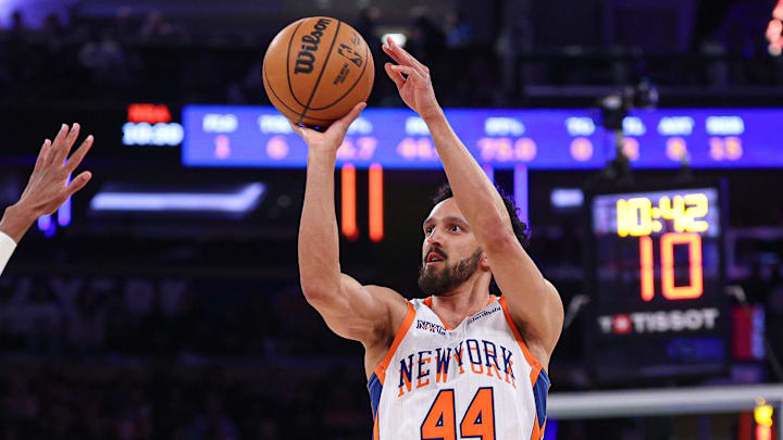 Mar 22, 2025; New York, New York, USA; New York Knicks guard Landry Shamet (44) shoots the ball during the first half against the Washington Wizards at Madison Square Garden. Mandatory Credit: Vincent Carchietta-Imagn Images