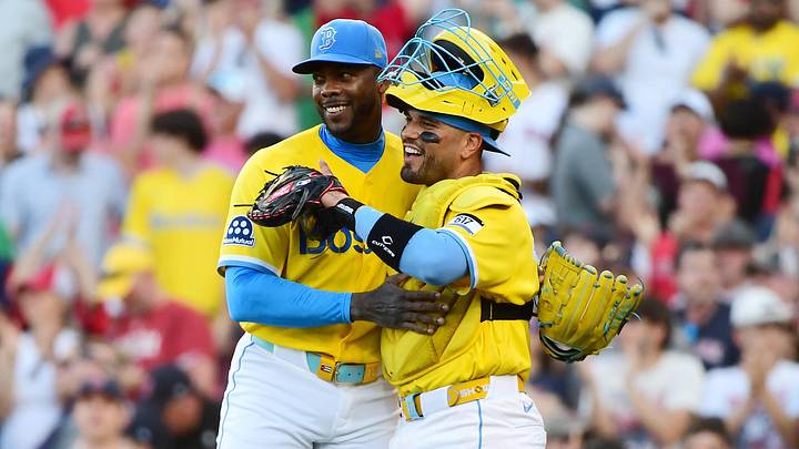 Jun 13, 2026; Boston, Massachusetts, USA; Boston Red Sox pitcher Aroldis Chapman (44) and catcher Carlos Narváez (75) smile after defeating the Texas Rangers at Fenway Park. Mandatory Credit: Bob DeChiara-Imagn Images Jun 13, 2026; Boston, Massachusetts, USA; Boston Red Sox pitcher Aroldis Chapman (44) and catcher Carlos Narváez (75) smile after defeating the Texas Rangers at Fenway Park. Mandatory Credit: Bob DeChiara-Imagn Images