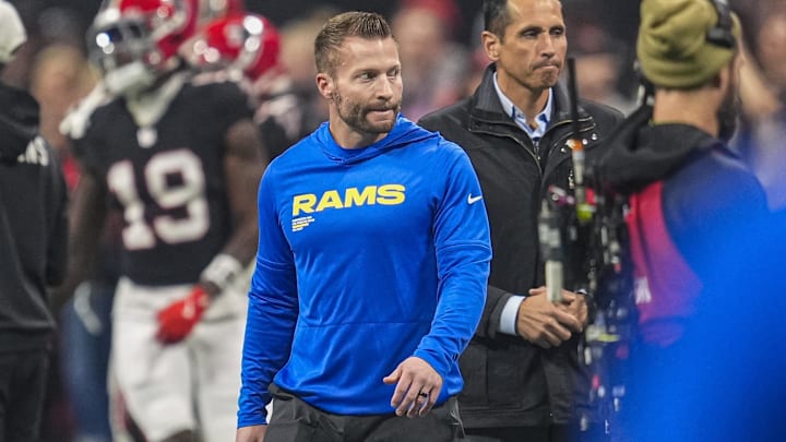 Dec 29, 2025; Atlanta, Georgia, USA; Los Angeles Rams head coach Sean McVay shown on the field prior to the game against the Atlanta Falcons at Mercedes-Benz Stadium. Mandatory Credit: Dale Zanine-Imagn Images