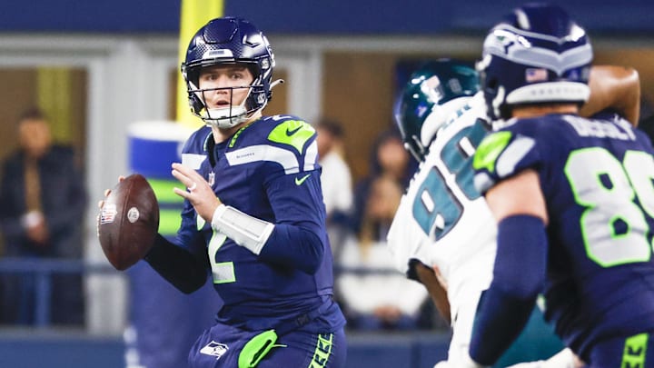 Seattle Seahawks quarterback Drew Lock looks to pass against the Philadelphia Eagles.
