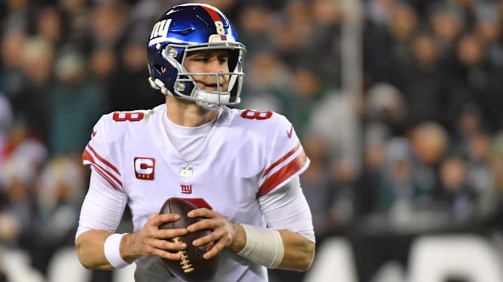 Jan 21, 2023; Philadelphia, Pennsylvania, USA; New York Giants quarterback Daniel Jones (8) against