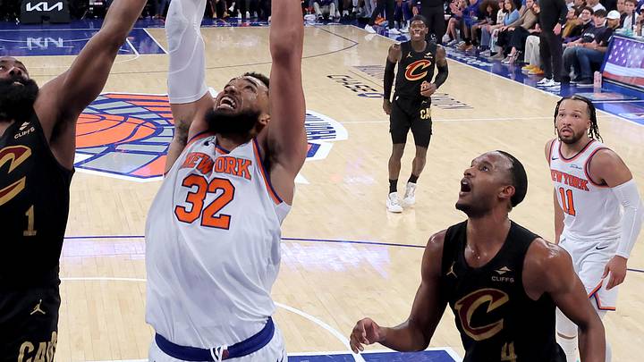 May 19, 2026; New York, New York, USA; New York Knicks center Karl-Anthony Towns (32) fights for a rebound against Cleveland Cavaliers guard James Harden (1) and center Evan Mobley (4) during the fourth quarter of game one of the eastern conference finals during the 2026 NBA playoffs at Madison Square Garden. Mandatory Credit: Brad Penner-Imagn Images May 19, 2026; New York, New York, USA; New York Knicks center Karl-Anthony Towns (32) fights for a rebound against Cleveland Cavaliers guard James Harden (1) and center Evan Mobley (4) during the fourth quarter of game one of the eastern conference finals during the 2026 NBA playoffs at Madison Square Garden. Mandatory Credit: Brad Penner-Imagn Images